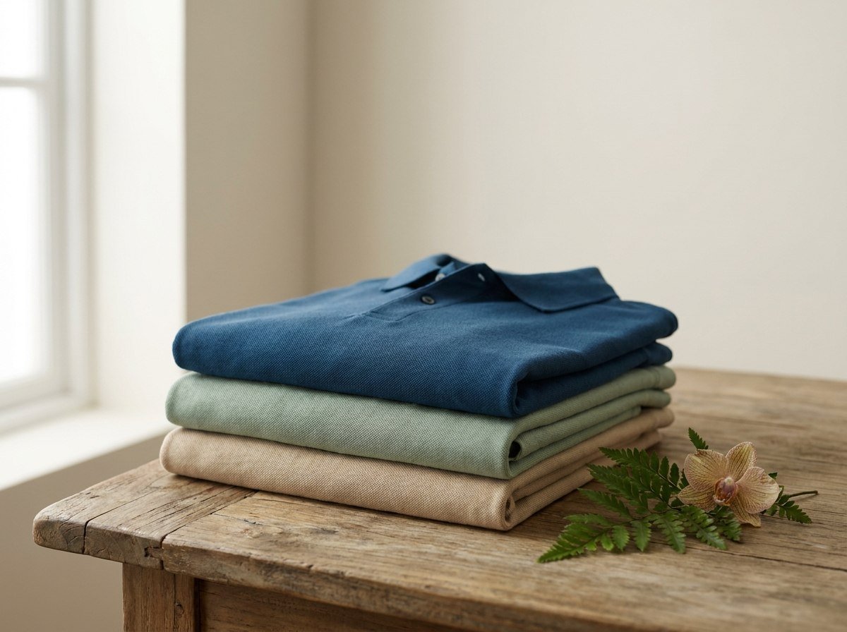 Gefaltete Namiro Resort-Uniformen in Ocean-Blau, Salbei und Sand auf Teakholz