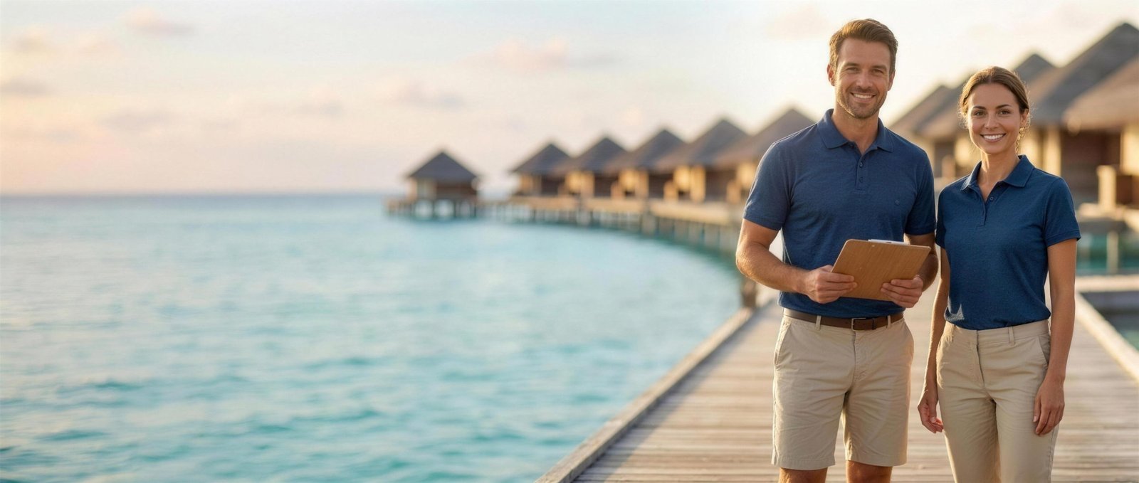 Zwei Resort-Mitarbeiter in Namiro-Uniformen mit Trompe-l’œil-Leinenstruktur auf dem Steg eines Wasservillen-Resorts