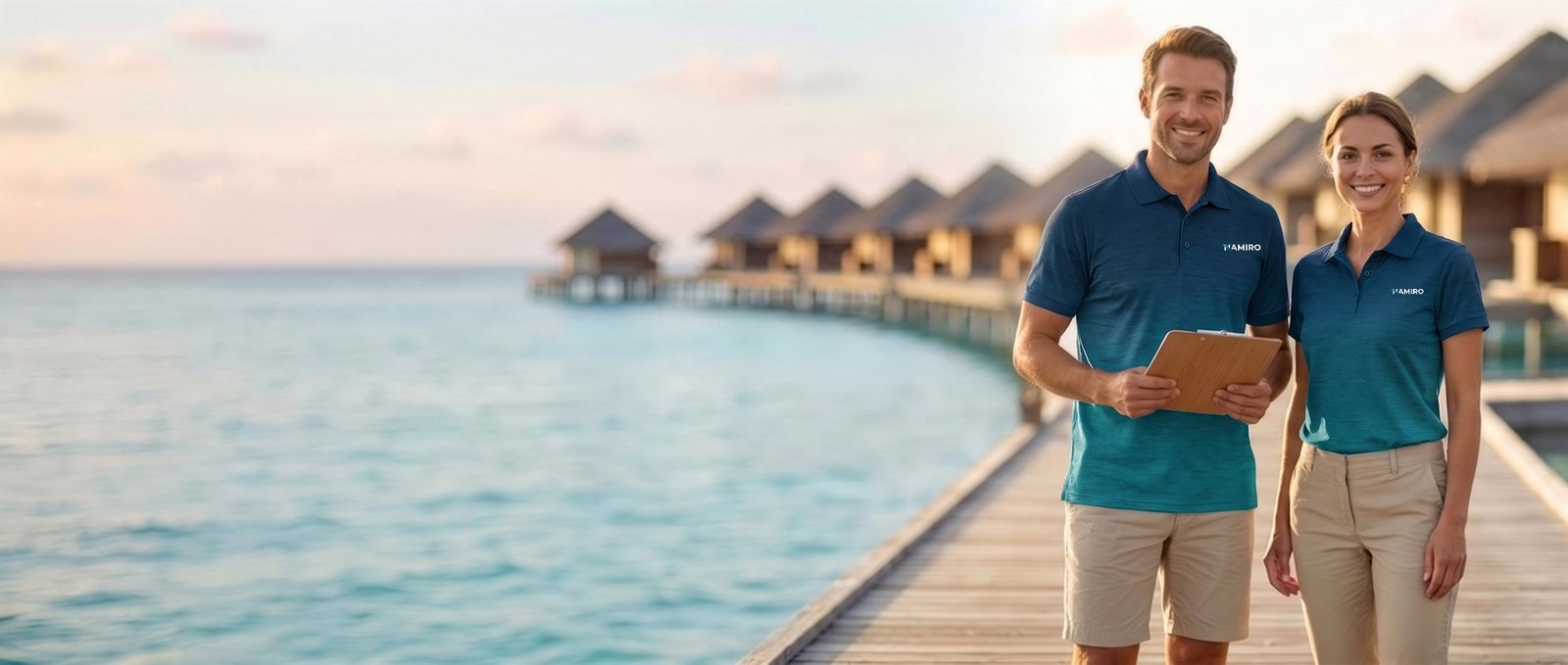 Zwei Resort-Mitarbeiter in Namiro-Polos mit Leinen-Optik im Verlauf von Navy nach Petrol auf dem Steg eines Wasservillen-Resorts (KI-generiert)