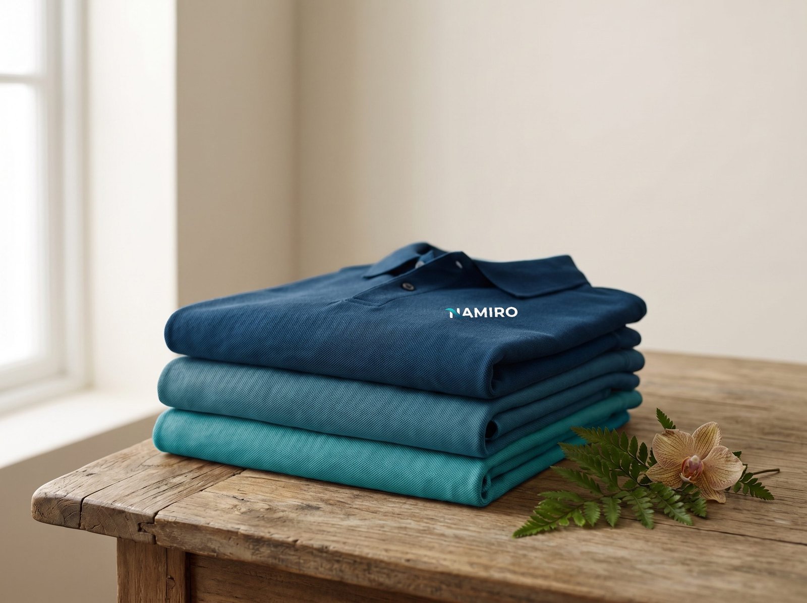 Drei gefaltete Namiro-Polos mit Leinen-Optik im Verlauf von Navy nach Petrol, Logo auf dem oberen Polo (KI-generiert)