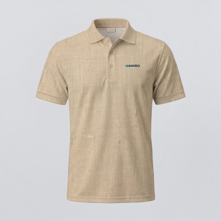 Polo in Sand mit gedruckter Leinen-Optik und Namiro-Logo auf der Brust (KI-generiert)