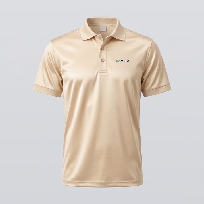 Polo in Champagner mit gedruckter Seiden-Optik und Namiro-Logo auf der Brust (KI-generiert)