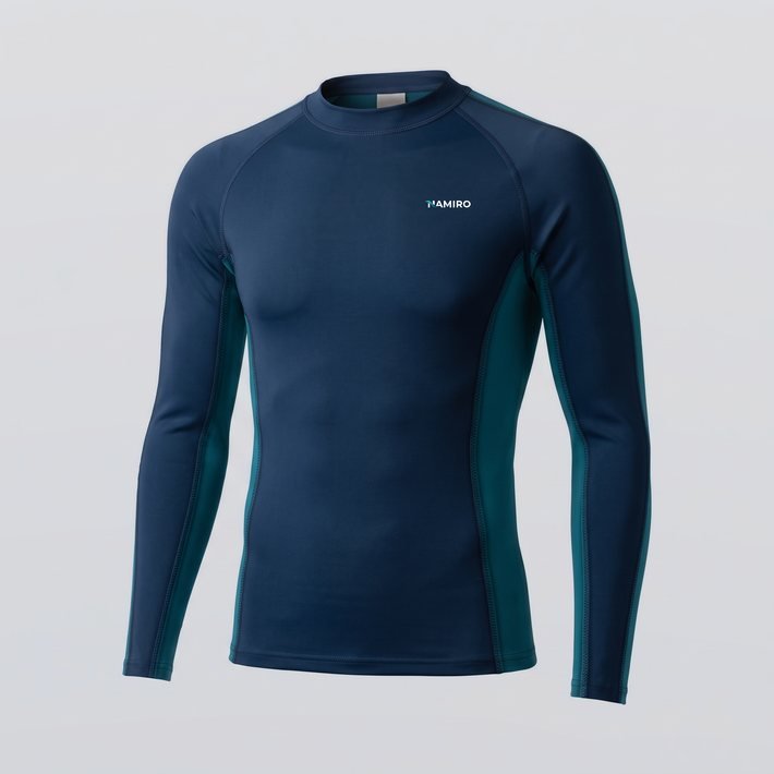 Langarm-Rashguard in Navy mit Petrol-Seitenteilen und gedruckter Neopren-Optik, für die Tauchbasis (KI-generiert)