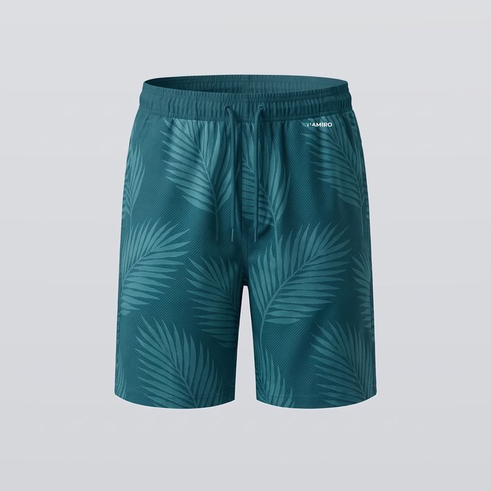 Boardshorts in Petrol mit gedruckter Ton-in-Ton-Palmen-Jacquard-Optik (KI-generiert)