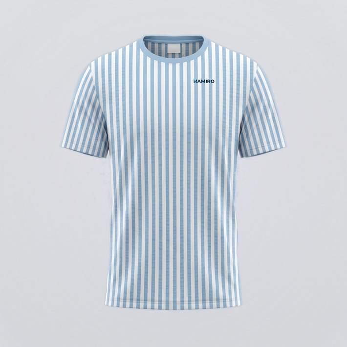 T-Shirt mit gedruckter Seersucker-Optik in Hellblau und Weiß (KI-generiert)